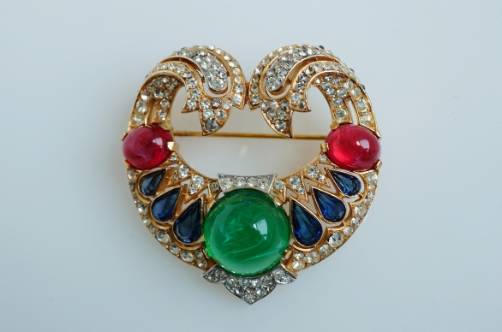 Trifari Jewels of India brooch, faux cabochon emerald pin, 1965 American